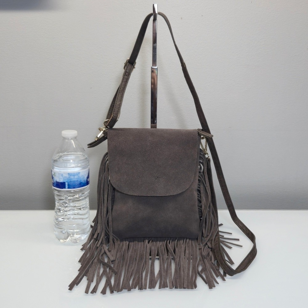 Antik Kraft Fringe Crossbody Bag Small Gray Suede Leather Boho Western Messenger